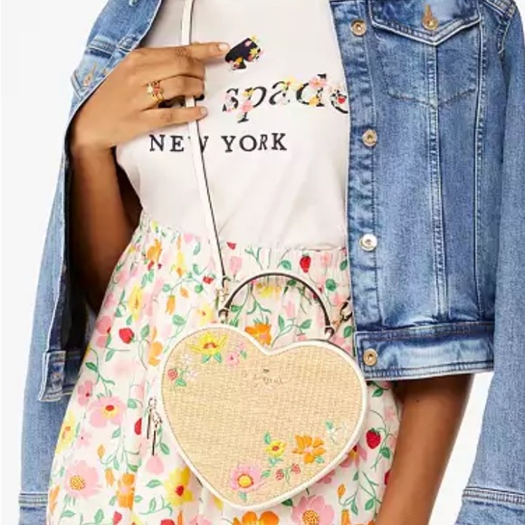 Kate Spade Love Shack Rattan Heart Crossbody ~ Woven Straw Floral Embroidery - Picture 4 of 9